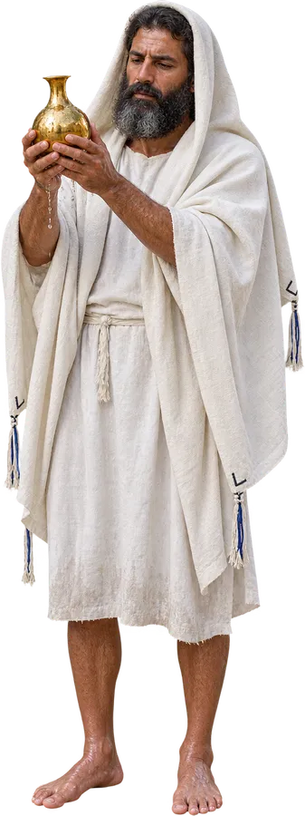 Cut-out photo of a kohen in plain white linen holding a golden flask