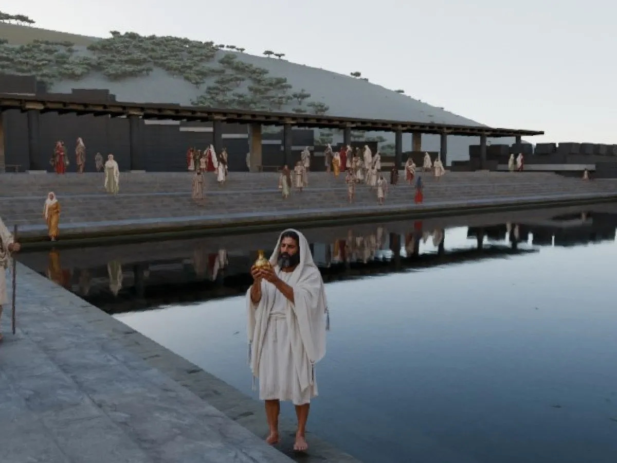 The same figure standing at the edge of the Shiloach pool in the rendered panorama