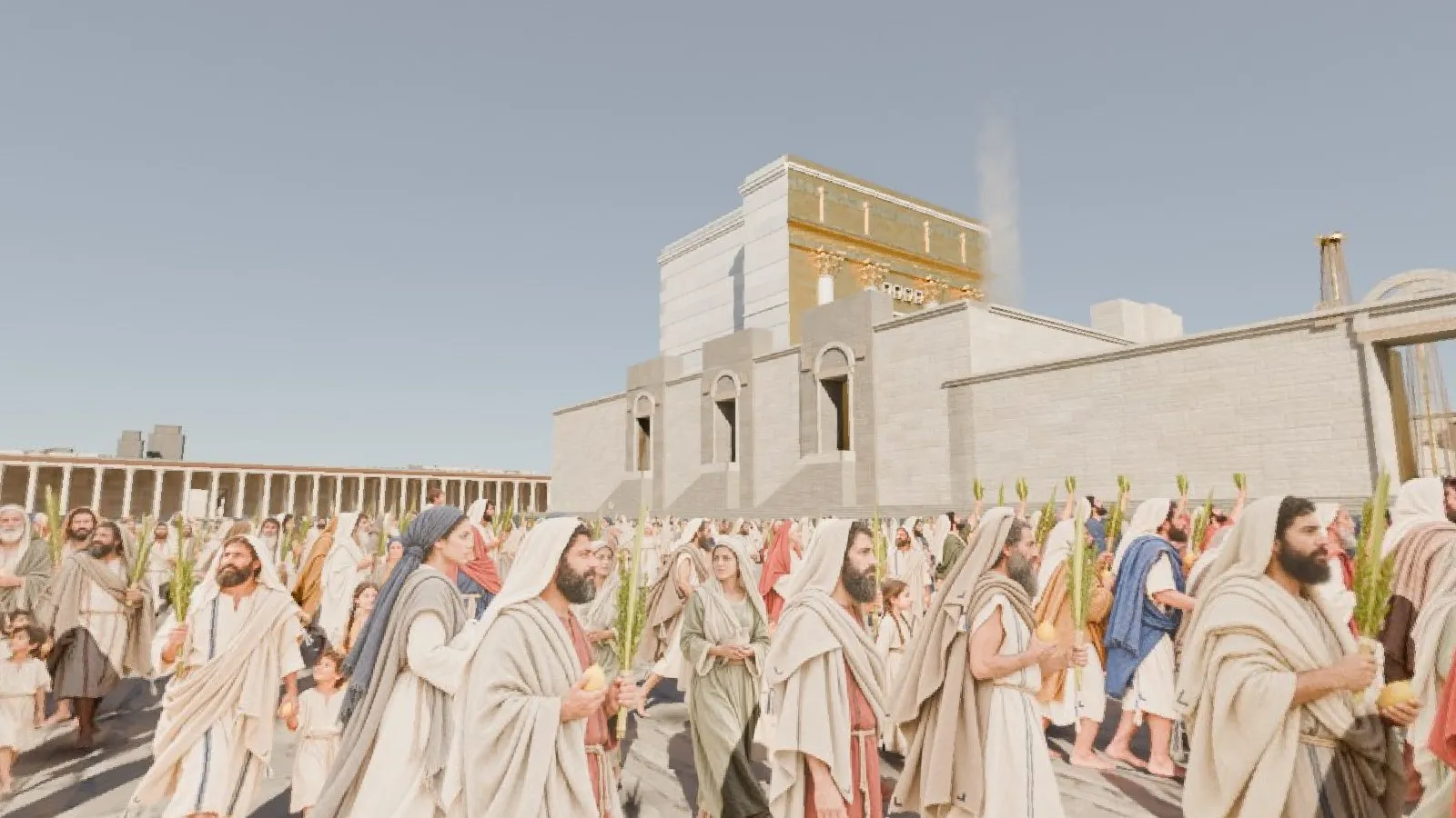 The live build: crowds with lulavim on Har HaBayis below the gilded Heichal